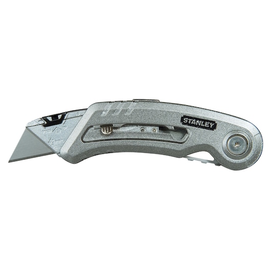STANLEY 10-813 silver utility knife side view on white background.