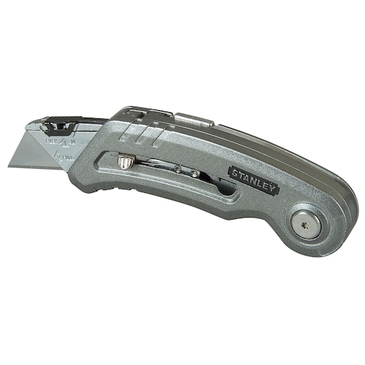 Photo of STANLEY 10-813 folding utility knife, metallic gray, angled view, visible blade and compact handle.