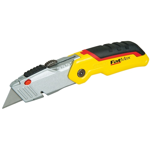 STANLEY 10-825 utility knife with yellow and black handle, FatMax branding, side angle, retractable blade.
