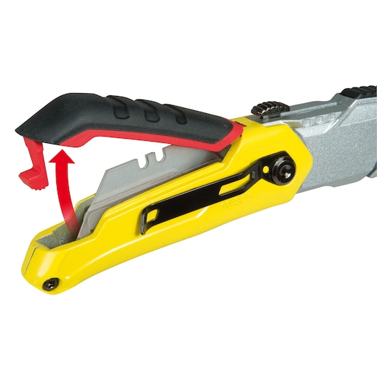 STANLEY 10-825 utility knife close-up with yellow body, black grip, and red safety cap shown opening.
