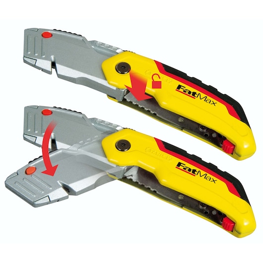 STANLEY 10-825 folding utility knife, yellow and black, FatMax branding, demonstrates blade locking and folding mechanism, side view.
