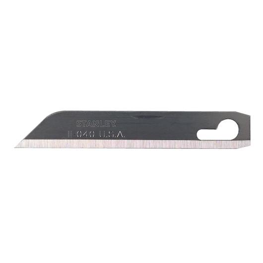 Stanley replacement utility blade side view, steel construction with angled cutting edge