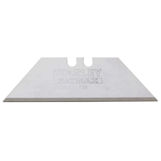 Stanley FatMax utility knife blade, silver color, straight-on angle, sharp edge, white background