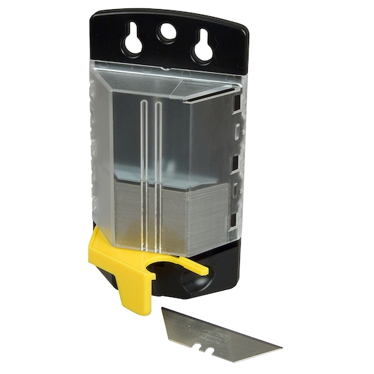 STANLEY 11-700A utility blade dispenser with yellow slider and one silver replacement blade, front angle.