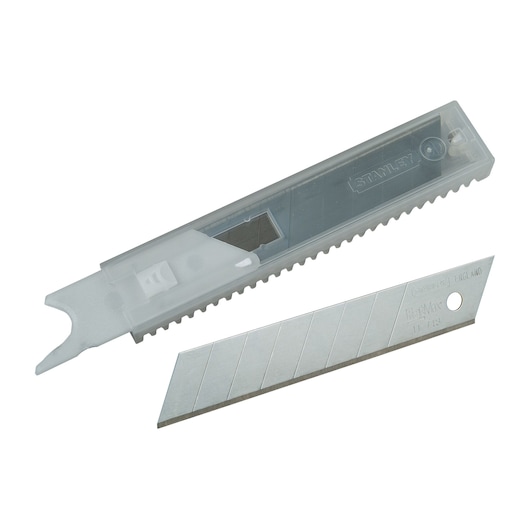Photo of STANLEY 11-718T snap-off utility knife blades with transparent storage case, angled on white background.