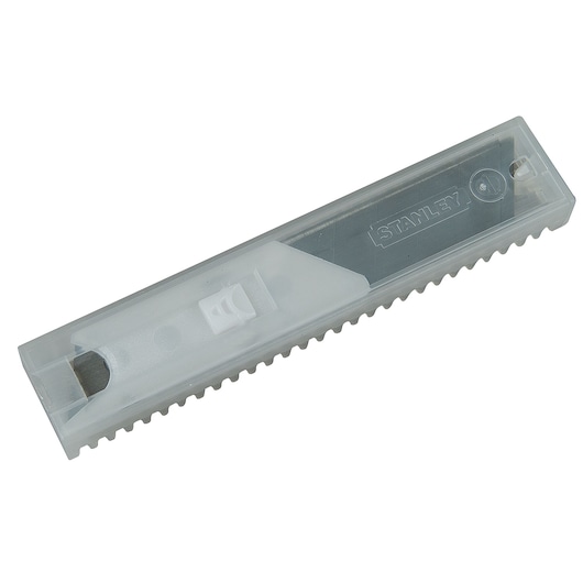 STANLEY 11-718T utility blade pack in clear plastic case, angled product view.