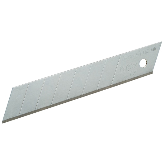 STANLEY 11-718T snap-off utility blade, silver metal, product side angle on white background.