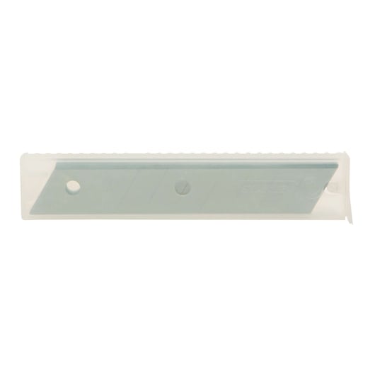 Stanley utility knife replacement blades in a transparent plastic case, straight-on angle, white background