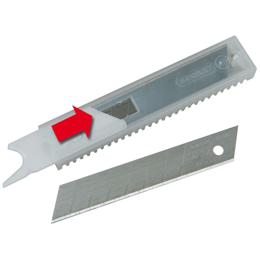 STANLEY 11-718T utility knife snap-off blade with plastic storage case, side angle, red arrow indicating blade removal.