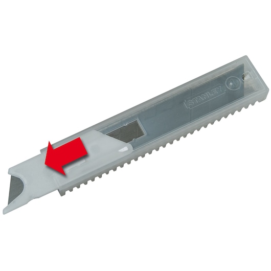STANLEY 11-718T utility blade dispenser with clear plastic case and red arrow, front angle.