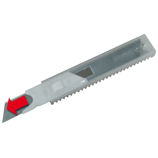 STANLEY 11-718T utility knife blade dispenser, clear plastic case with visible blades and red arrow, front angle.