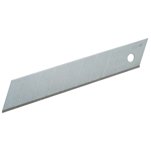Stanley FatMax utility knife replacement blade, side view, silver color, segmented for snap-off use