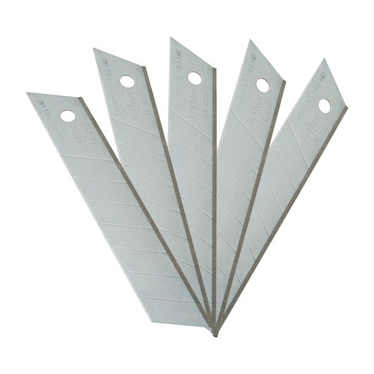 STANLEY 11-718 utility knife blades, silver, photography of five fanned straight blades, white background.