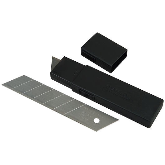 STANLEY 11-725T snap-off utility knife blades with black plastic case, spare blades visible, white background angle.