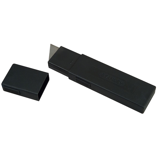 STANLEY 11-725T utility knife with black plastic body, exposed blade, and detached cap, side angle.