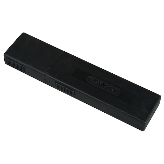 STANLEY 11-725T black rectangular utility blade storage case, photography, angled view on white background.