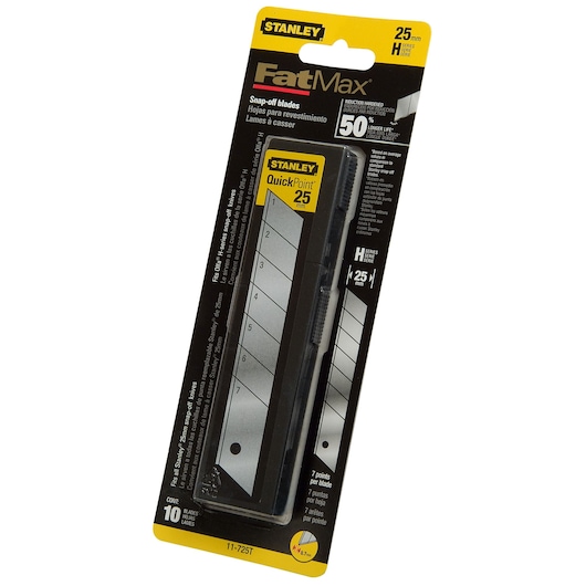 STANLEY 11-725T FatMax snap-off blades pack, 25mm QuickPoint, product packaging photo, angled view.