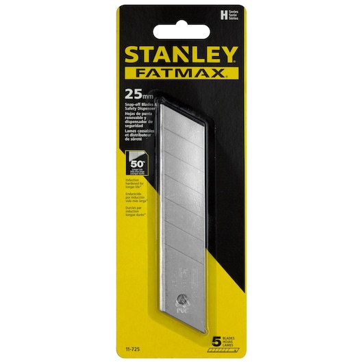 Photo of STANLEY 11-725 snap-off blades pack, 25mm, FATMAX series, five blades in yellow and black packaging.