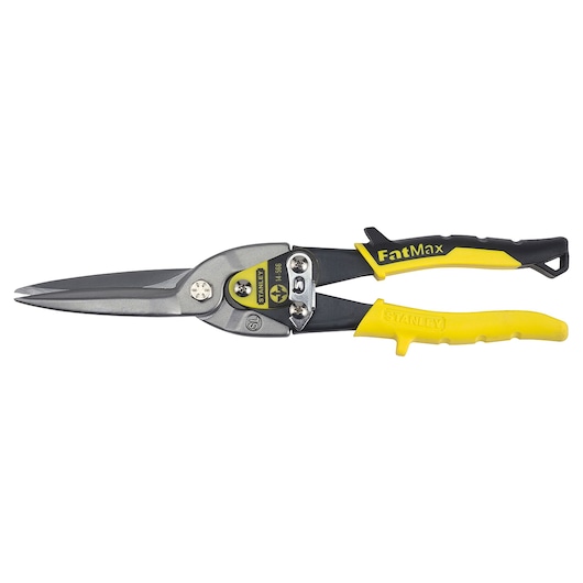 Photo of STANLEY 14-566 aviation snips with yellow and black handles, side view on white background.