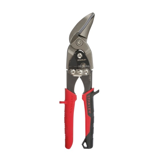 Photo of STANLEY 14-567 aviation snip with red and black handles, front angle on white background.