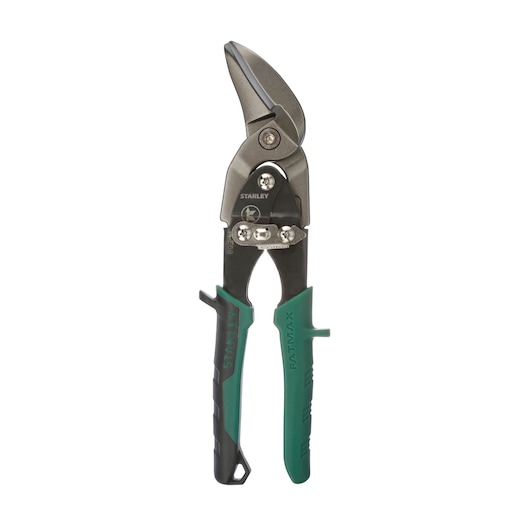 STANLEY 14-568 aviation snips with green and black handles, front angle, on white background.