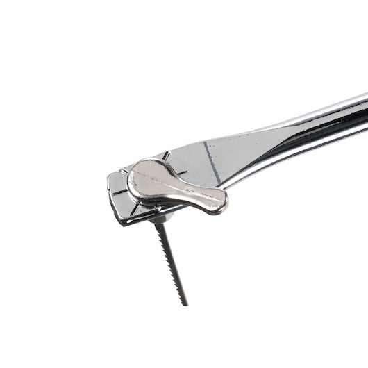 STANLEY 15-104 coping saw chrome handle close-up on white background.