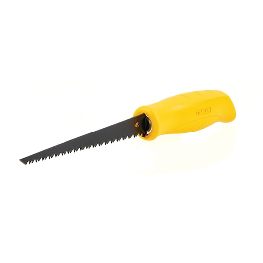Stanley yellow-handled keyhole saw with black blade, side angle on white background