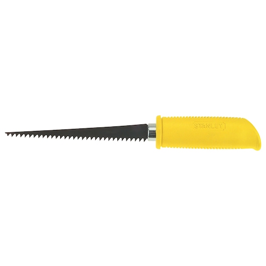 STANLEY 15-556 drywall saw with yellow handle, side view, single blade and serrated edge.