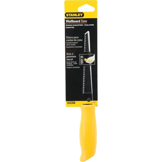 STANLEY 15-556 wallboard saw with yellow comfort grip handle, front angle on white background.
