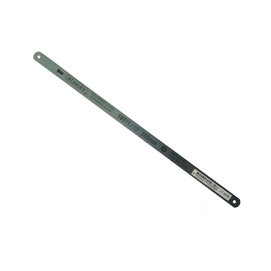 STANLEY 15-839 hacksaw blade, high speed steel, 12 inch 18TPI, single blade on white background, top view.