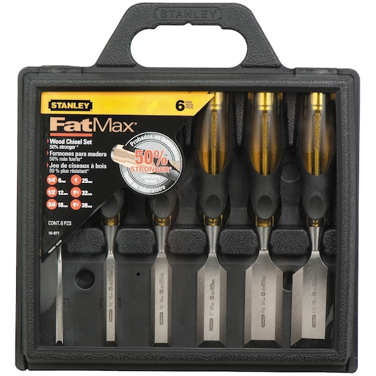 STANLEY 16-971 wood chisel set FatMax, 6 pieces, in black plastic carrying case, photo front angle.