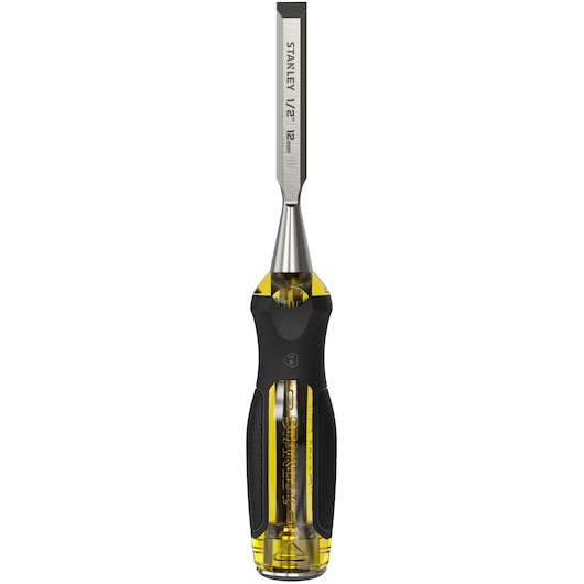 Stanley wood chisel with yellow and black handle, flat side view on white background