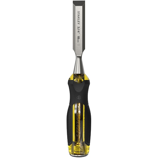 STANLEY 16-977 wood chisel with beveled steel blade and amber and black handle, front angle on white background.
