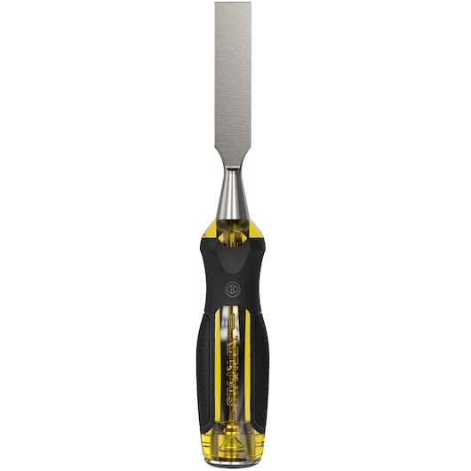 STANLEY 16-977 wood chisel with yellow and black handle, front view on white background.