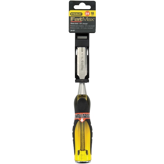 STANLEY 16-977 wood chisel FatMax with black and yellow handle, straight-on view on white background.