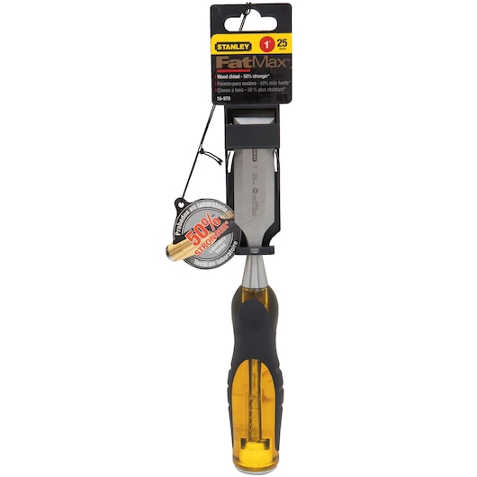 STANLEY 16-978 FatMax wood chisel, 25 mm blade, yellow and black handle, front angle photo.