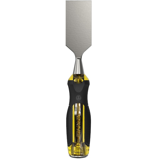 STANLEY 16-980 wood chisel with yellow and black handle, flat blade, front angle, white background.