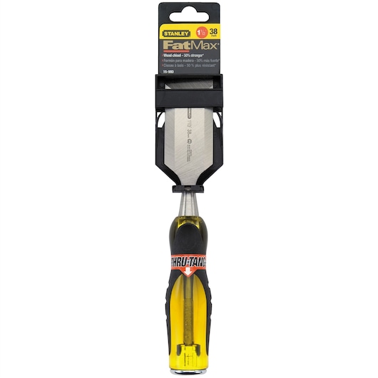 STANLEY 16-980 wood chisel FatMax front angle, yellow and black handle, blade protected by packaging.