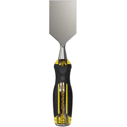 Stanley wood chisel with yellow and black handle, beveled steel blade, angled product shot on white background