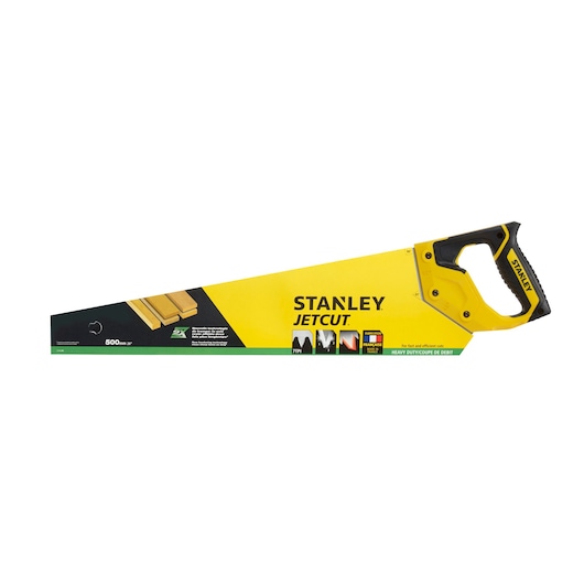 Photo of STANLEY 2-15-288 hand saw with yellow and black handle, straight saw blade, side angle, on white background.