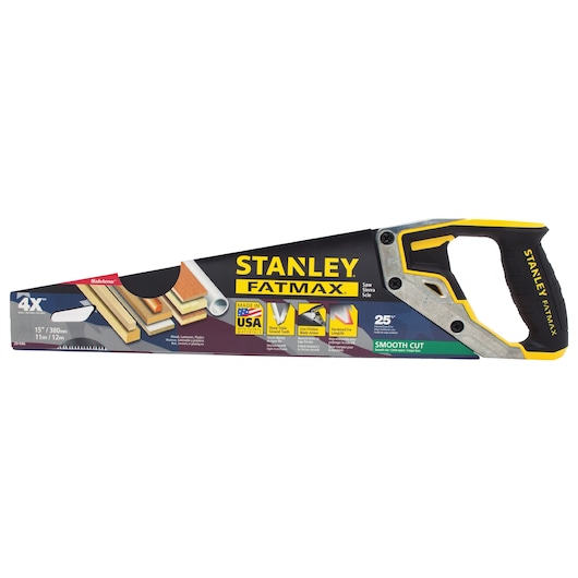 STANLEY 20-046 hand saw, FATMAX series, black and yellow handle, side angle, 15 inch blade.