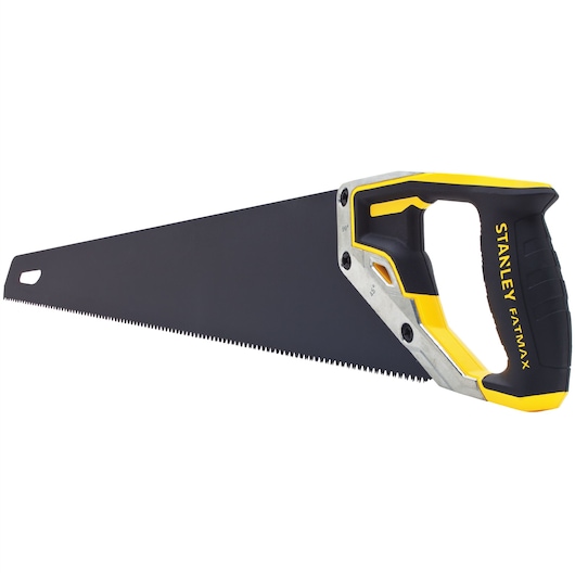 STANLEY 20-047 hand saw, black blade with yellow and black ergonomic handle, side angle photo.