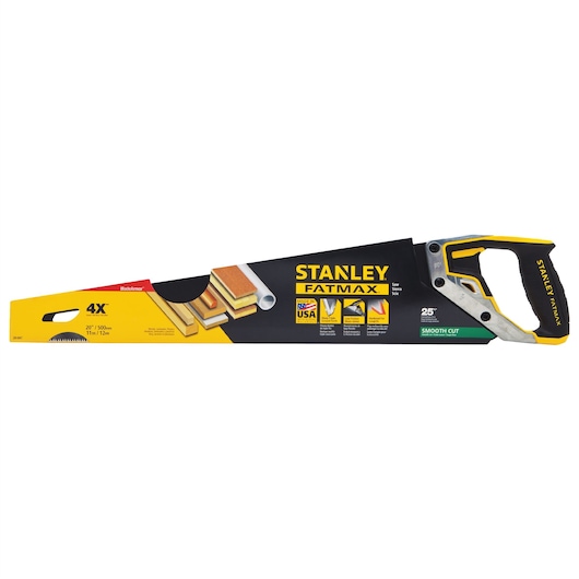 STANLEY 20-047 FatMax hand saw, 20 inch, black and yellow, photography on white background, angled view.