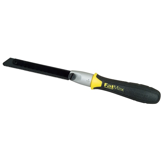 Stanley FatMax jab saw side view, black and yellow handle, serrated blade, white background