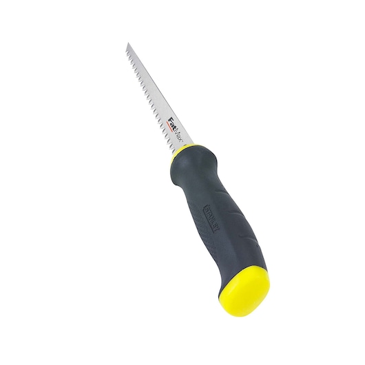 STANLEY 20-556 hand saw with black and yellow handle, side angle on white background.