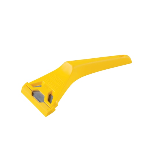 Stanley yellow plastic and metal scraper, angled view on white background