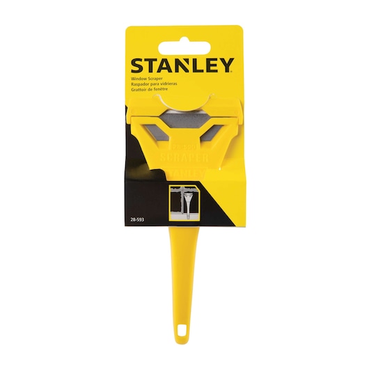 Stanley 28-593 window scraper, yellow handle, product packaging, front view, photography.