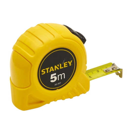 STANLEY 30-497L yellow 5m tape measure, photography, side angle, with metal hook and partially extended blade.