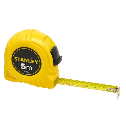 STANLEY 30-497L yellow 5m tape measure, side angle, with extended measuring blade.