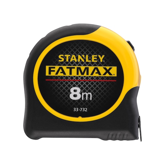 Photo of STANLEY 33-732 tape measure, FATMAX model, 8m length, black and yellow casing, front angle.